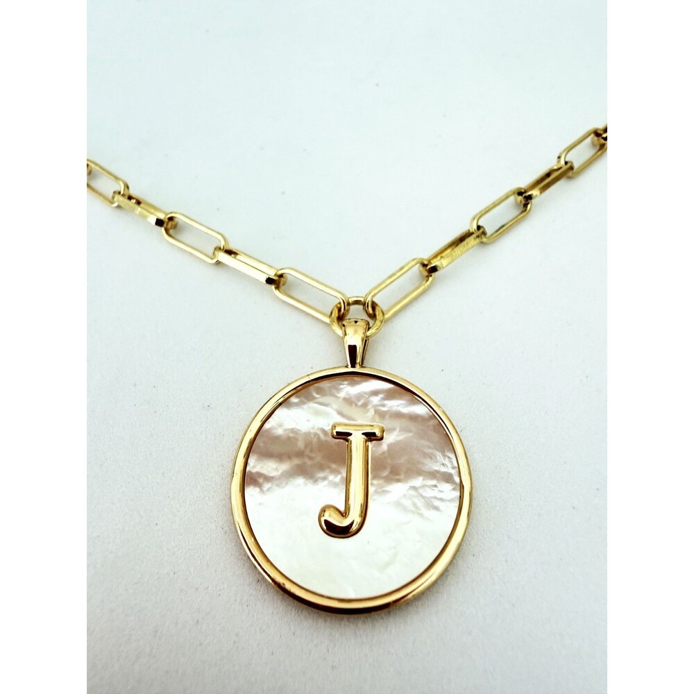 Gold Tone Mother of Pearl Initial J Medallion Paperclip Chain Necklace